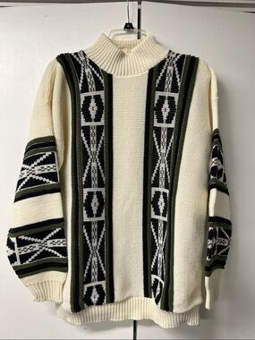 Cream Vintage Knit Sweater with Black & Olive Geometric Stripes